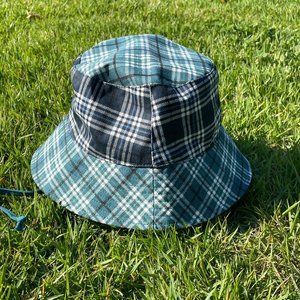 Blue and Navy Plaid Bucket Hat with Drawstring Adjustment